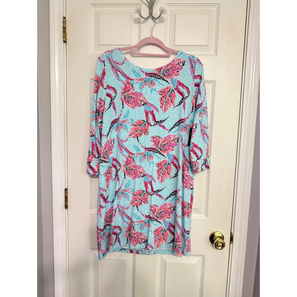 Crown & Ivy Women Aqua Coral Tropical Floral 3/4 Sleeve Shift Dress Large NWT